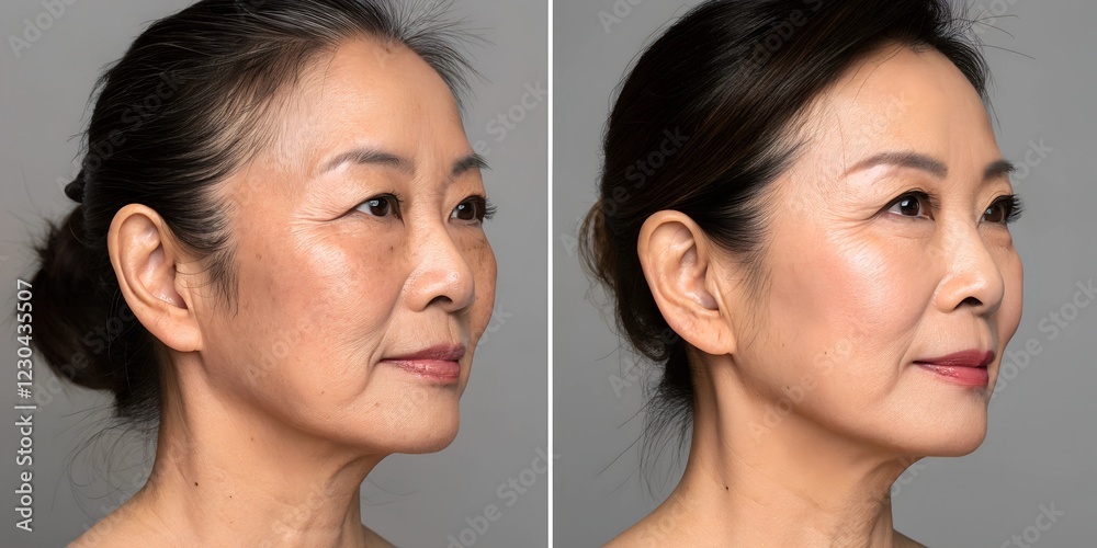 Before and after of an Asian woman picture of a French lifting – thread lifting for face tightening and skin rejuvenation Before and after of an Asian woman picture of a French lifting – thread lifting for face tightening and skin rejuvenation