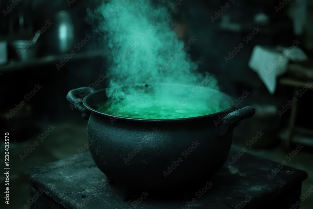 Mysterious Green Cauldron with Vapor in Dimly Lit Kitchen Mysterious Green Cauldron with Vapor in Dimly Lit Kitchen