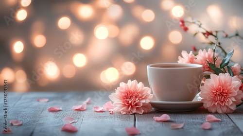 Tranquil teacup with pink flowers on wooden table, bokeh background; perfect for relaxation or wellbeing content