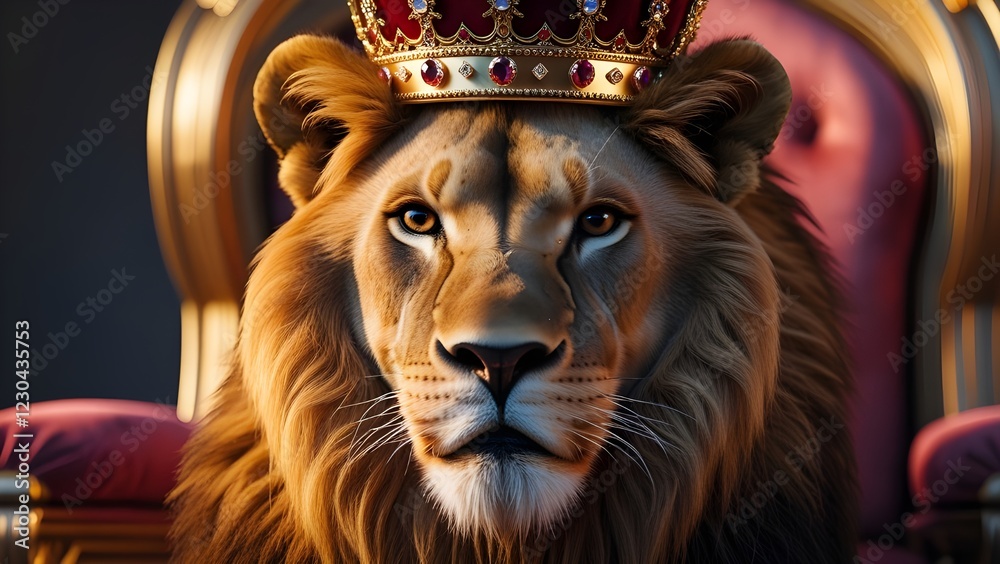 Fototapeta premium Lion Close up with Golden Crown on Velvet Throne.