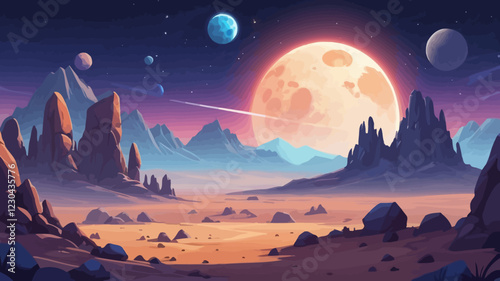 Dark night blue alien planet surfaced with desert and rocky mountains. Cartoon vector fiction outer space landscape with big stones and celestial bodies in the sky for the background in the game level