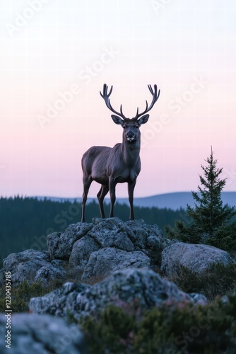 Majestic Deer Standing on Rocks Against a Pastel Sky at Dusk