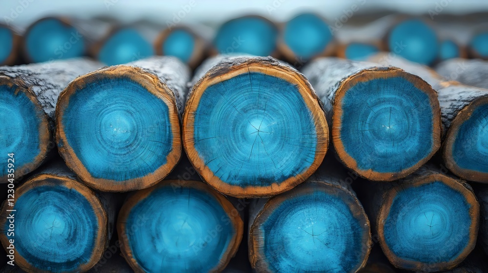 A stack of blue logs with a brown center