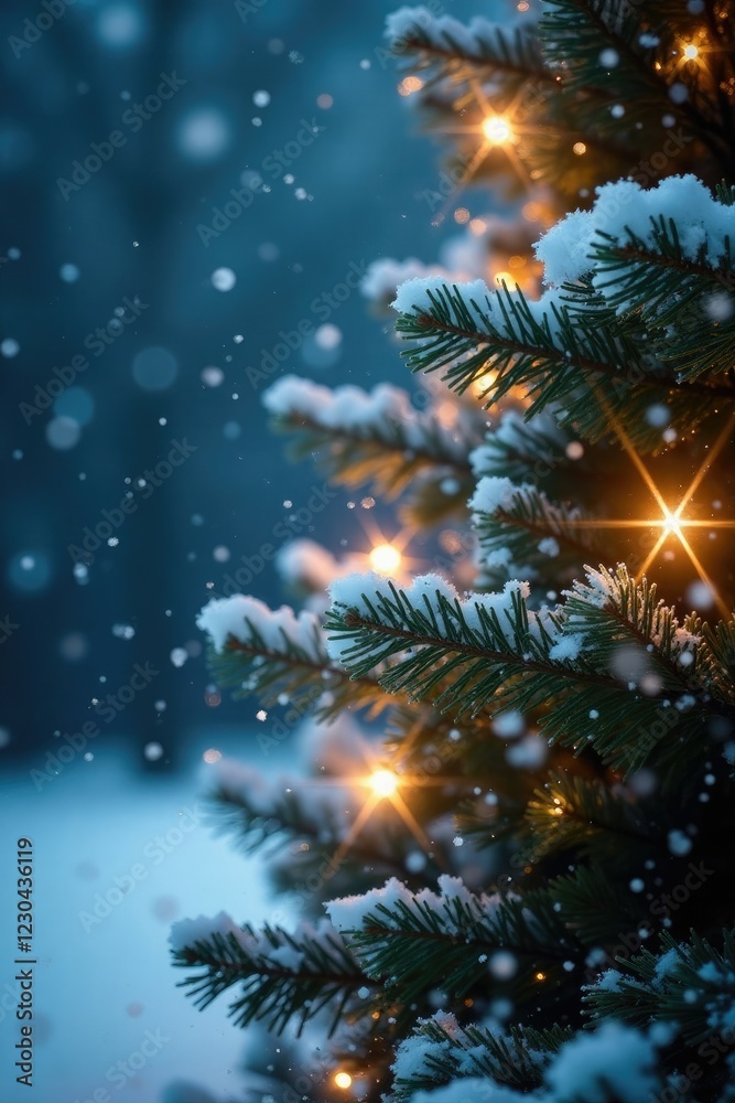 Sparkling snowflakes fall gently on a bright Christmas tree, sparkling snow, snowfall Sparkling snowflakes fall gently on a bright Christmas tree, sparkling snow, snowfall