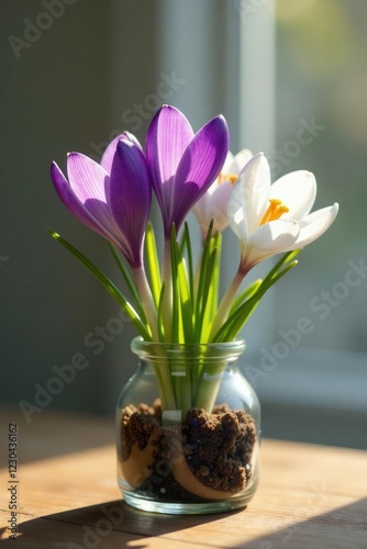 Wallpaper Mural Springtime crocus flowers placed inside a wooden and glass container, spring, Torontodigital.ca
