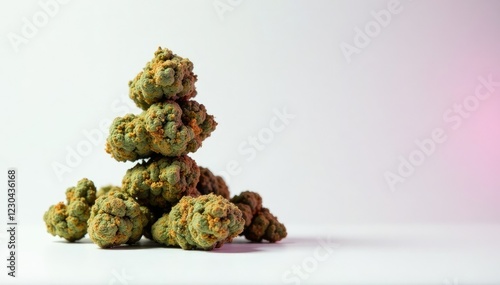 Stack of cannabis nugs in a vertical column on white, bud, color palette photo