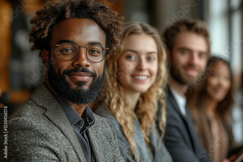 Happy Multiethnic Business Team of Male and Female Managers with Team Leader (Black Man) Smiling in Casual Wear and Suits