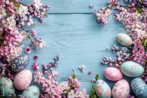 Colorful easter eggs and blossoms on rustic blue wooden background