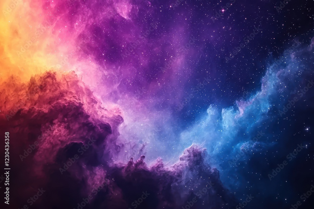 Obraz premium A surreal 3D galaxy with swirling luminous nebula clouds and glowing star clusters, radiating vibrant hues of purple, blue, and gold