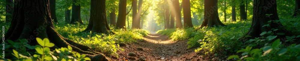 Fototapeta premium Sunlight casts dappled shadows on the forest floor, sunlight, forest ground