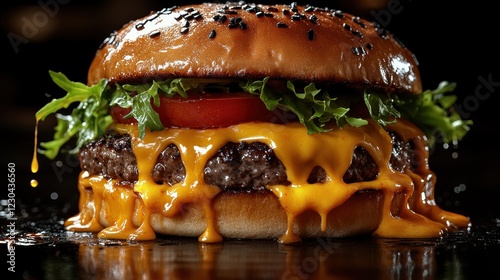 Juicy cheeseburger with dripping cheese and fresh vegetables photo