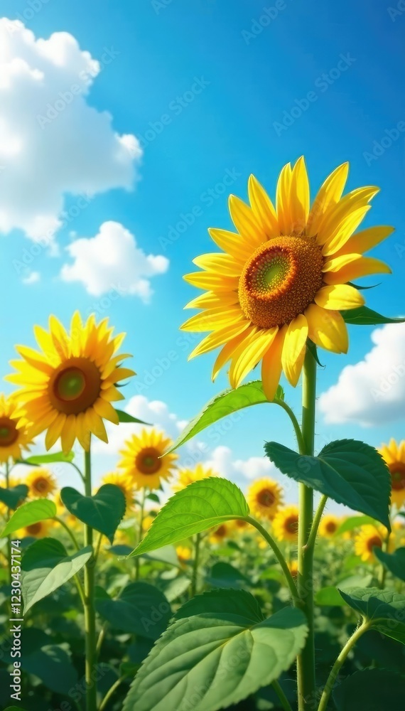 Obraz premium Tall sunflowers sway gently in the breeze against a brilliant blue sky with just a few wispy clouds, bright, cloud