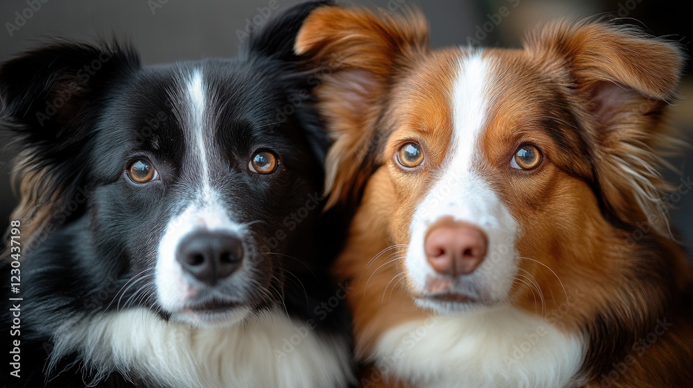 Close-up of two alert border collies with intense gazes Close-up of two alert border collies with intense gazes