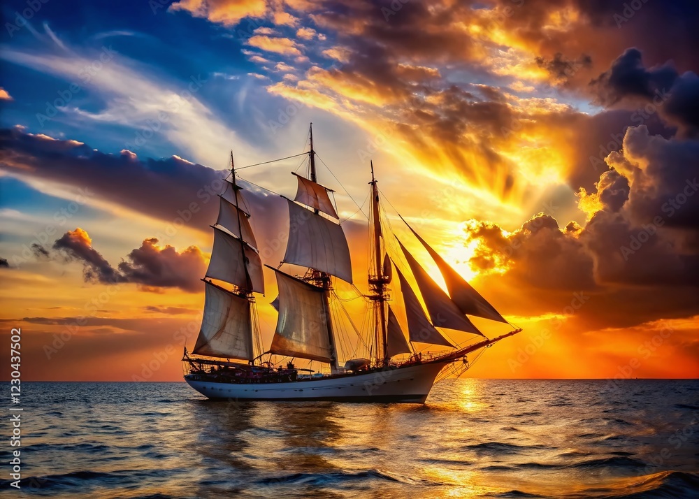 Obraz premium Silhouette of Sailing Ship with Full Sails at Regatta Race