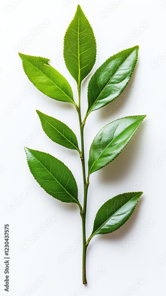 Fototapeta premium Green tea leaves, isolated on white background, a premium selection of green tea leaves