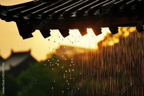 Raindrops falling under an oriental eaves roof silhouette . Rain gently falls on a rooftop, illuminated by the warm hues of a sunset in the background.