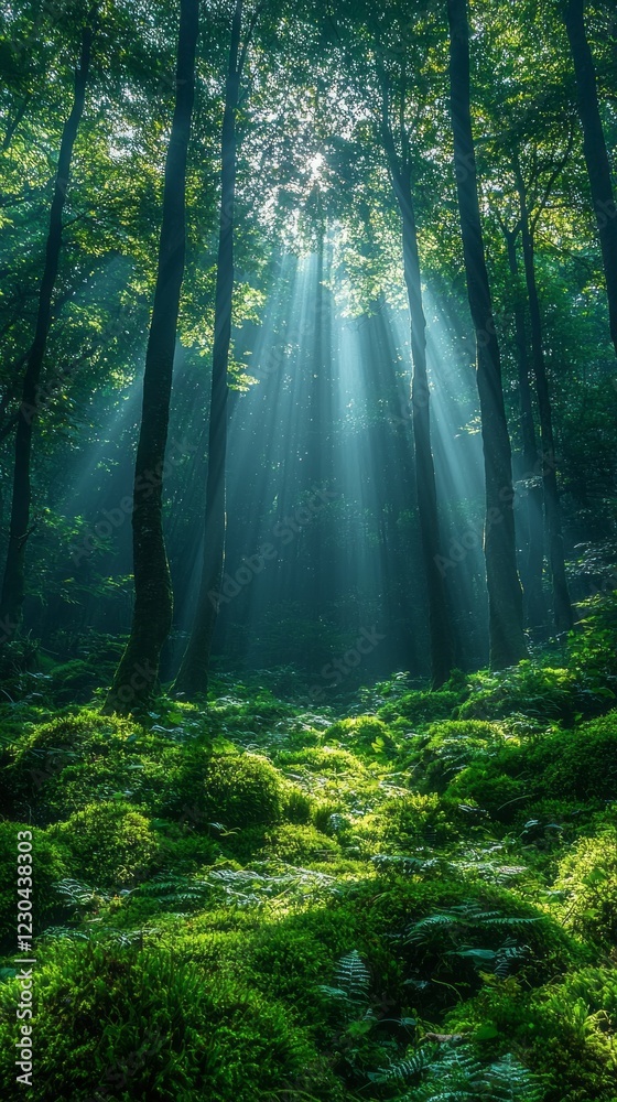 Fototapeta premium Tall trees stretch upwards as soft rays of sunlight spill through the dense leaves, creating a serene and magical atmosphere in the summer forest