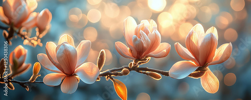 Elegant magnolia blossoms in warm sunset light
