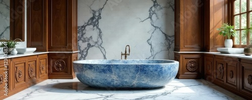 A luxurious stone bathtub with carved wooden cabinets, wooden cabinets, blue and white ceramics, carved wood