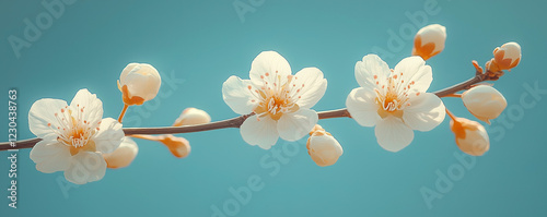 Close-up of blooming cherry blossom branch against clear blue sky