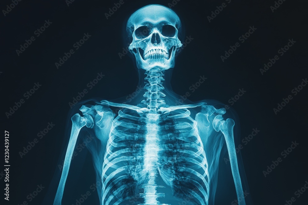 X-ray image of a complete human skeleton displayed on a dark background showcasing detailed bone structure and alignment X-ray image of a complete human skeleton displayed on a dark background showcasing detailed bone structure and alignment
