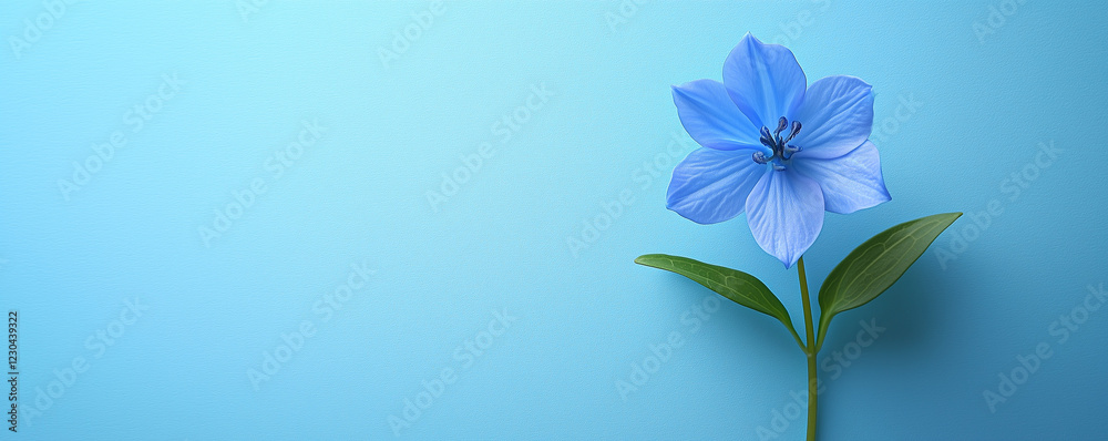 Naklejka premium Single blue flower on light blue background with green leaves