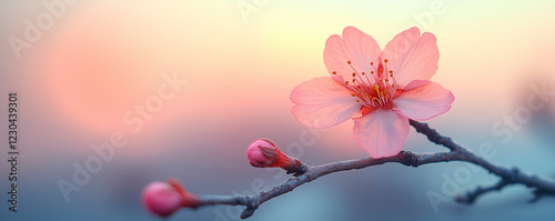 Sakura blossom at sunset with pink petals and buds in soft pastel light