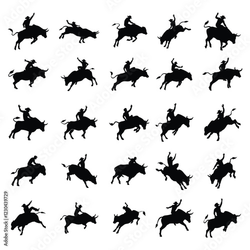 Cowboys balancing on bulls in rodeo vector silhouette illustration.Bull Riding Vector Silhouette