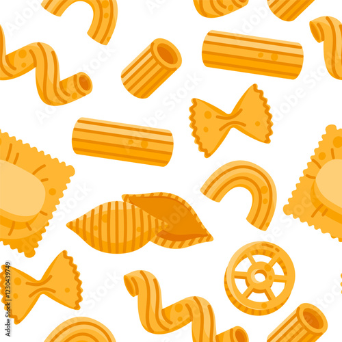Seamless pattern of different pasta types. Farfalle, elbow macaroni, penne, cavatappi, ravioli. Dry Italian food collection. Vector illustration in cartoon style. Isolated white background