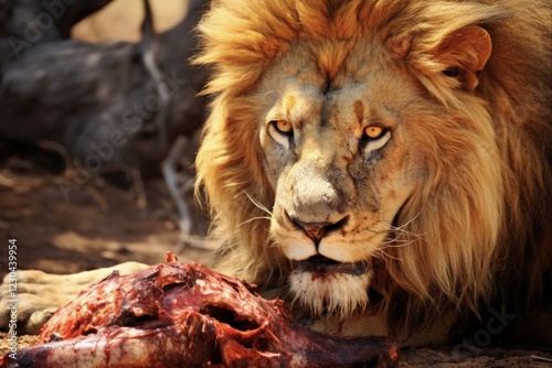 Big Male Lion Eating Animal Carcass in Closeup. Eye-catching Shot of Lion Enjoying Meat as Food photo