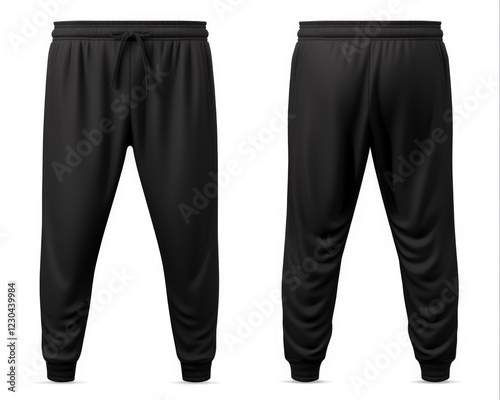 Black Cotton Sweatpants for Sport and Jogging. Front and Back View Isolated on White Background. Comfortable Garment in Tracksuit Fashion
