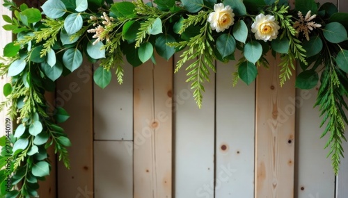 Floral garland with eucalyptus leaves and ferns hanging from a wooden beam, greenery, floral garland
