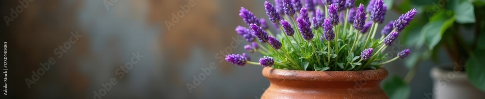 Obraz premium Fragrant lavender blooms in a weathered earthenware pot, earthy, garden decor, botanical