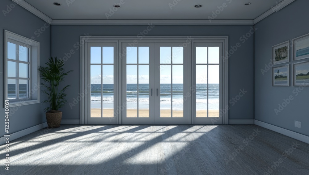 Serene Coastal Room: Empty Beach View Serene Coastal Room: Empty Beach View