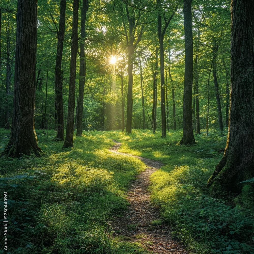 Obraz premium Enchanting Path through Majestic Lush Green Forest with Towering Trees