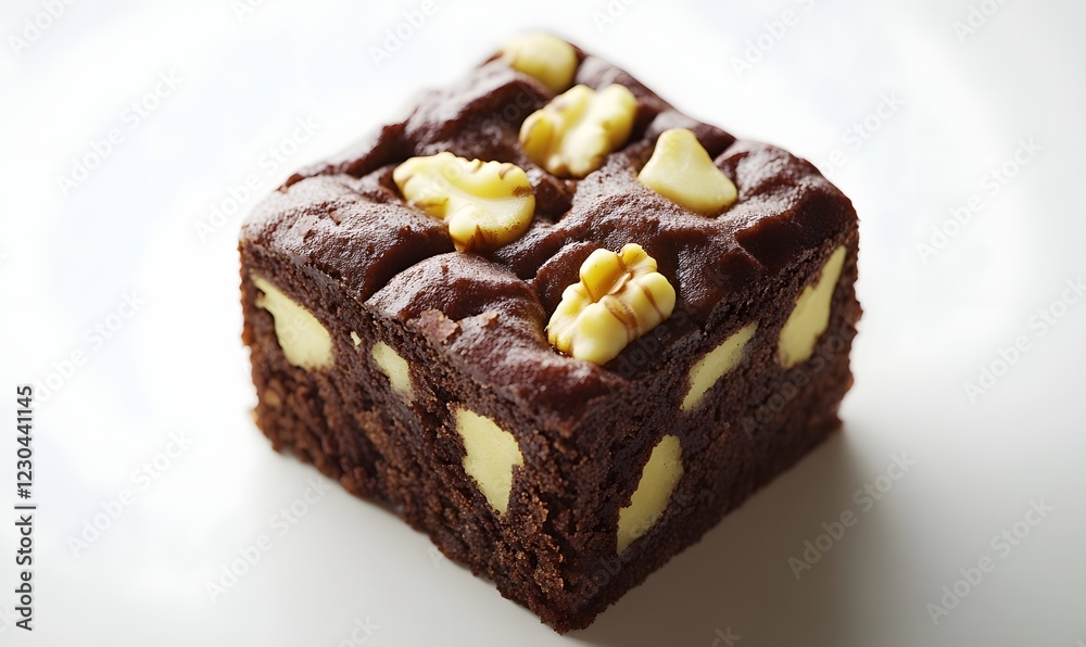 Walnut brownie dessert, white background, close-up, food photography