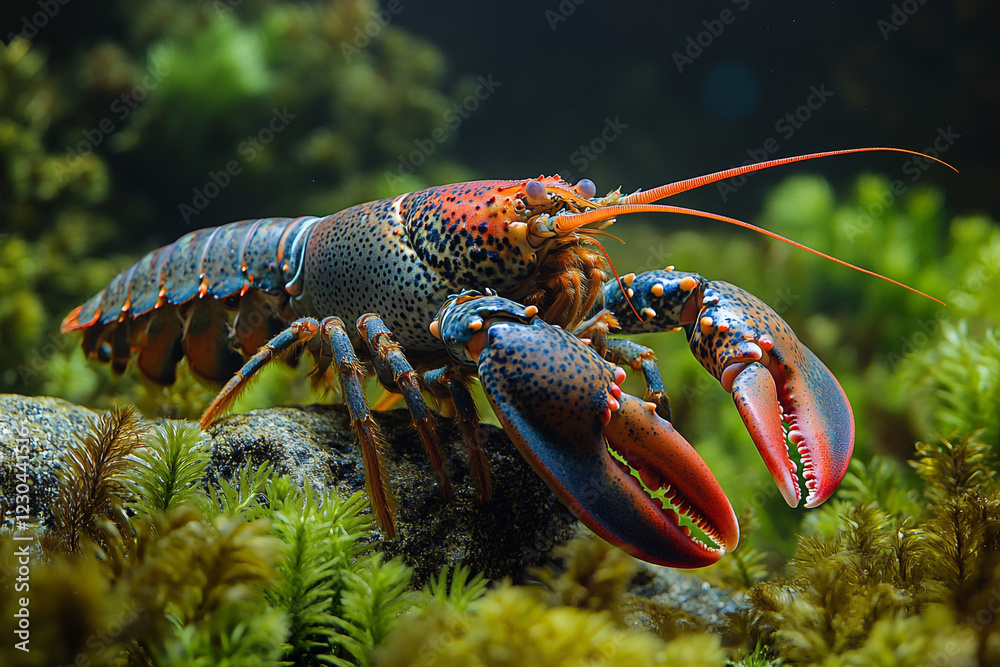 Vibrant Spiny Lobster Crawls Over Rocks Amidst Green Plants Vibrant Spiny Lobster Crawls Over Rocks Amidst Green Plants