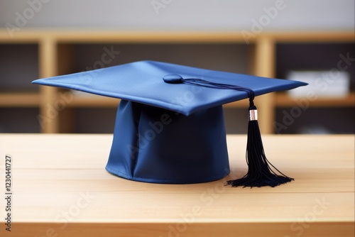 Blue Graduation Cap on Wooden Table: Celebrating Success and Achievements of Graduates at University and College