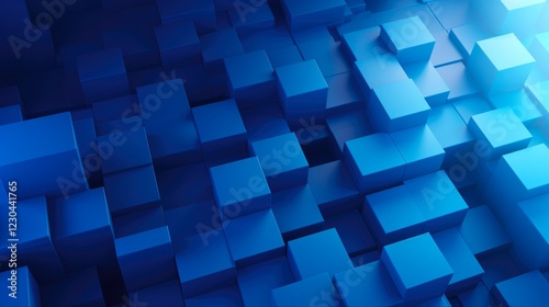 Blue Geometric Background. 3D Render of Blue Geometric Cubes Forming Abstract Shape in Monotone Graphic Wallpaper