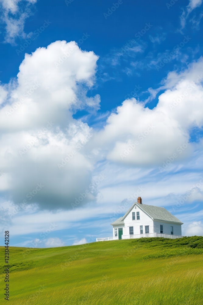 White House on Green Hill Under Blue Sky with Fluffy Clouds