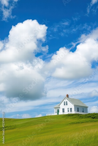 Obraz na płótnie White House on Green Hill Under Blue Sky with Fluffy Clouds w salonie
