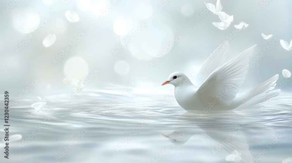 White dove floating on serene water, petals falling, peaceful background; ideal for sympathy cards or spiritual themes White dove floating on serene water, petals falling, peaceful background; ideal for sympathy cards or spiritual themes