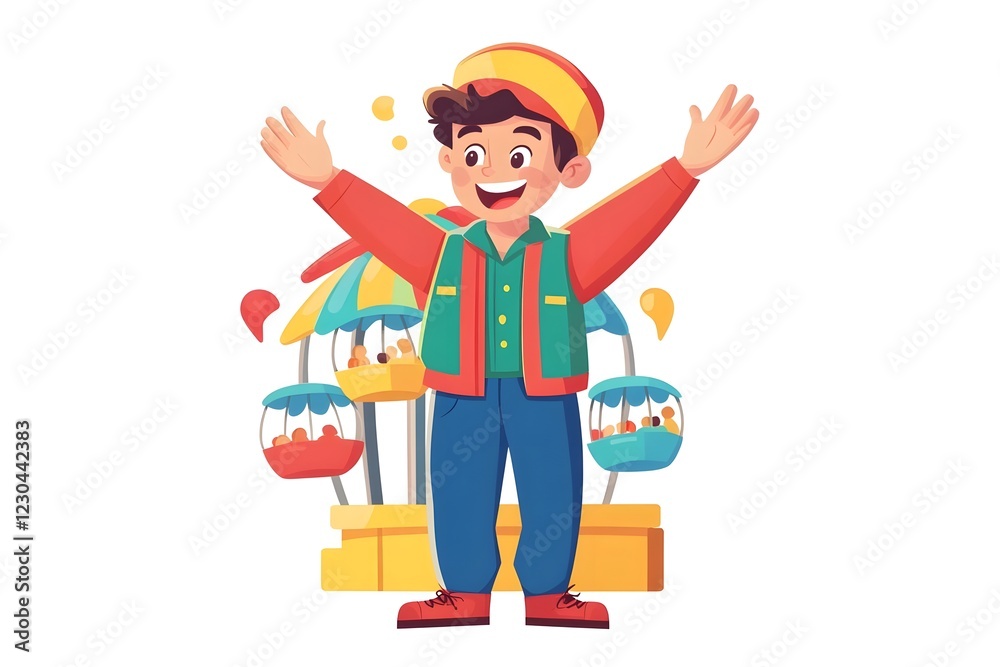 A cheerful boy in a colorful outfit, welcoming visitors to an amusement park. A cheerful boy in a colorful outfit, welcoming visitors to an amusement park.