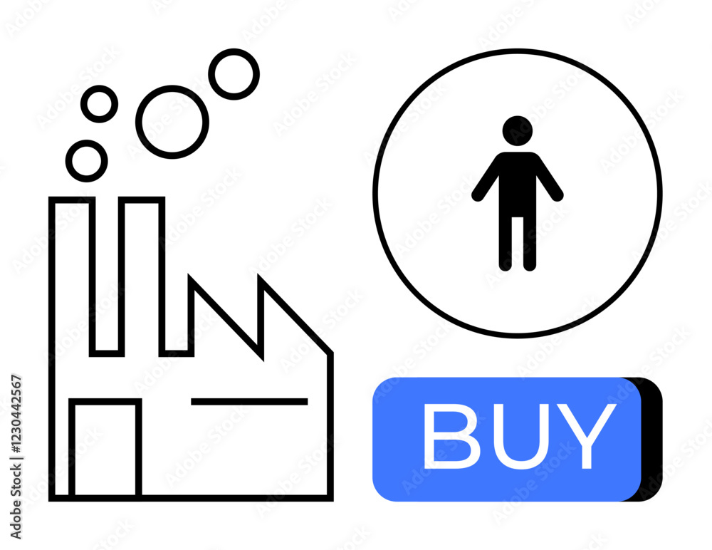 Factory emitting smoke, human figure in a circle, and a blue BUY button. Ideal for ecommerce, manufacturing, consumer behavior, business growth, industrial production, economic trends, market Factory emitting smoke, human figure in a circle, and a blue BUY button. Ideal for ecommerce, manufacturing, consumer behavior, business growth, industrial production, economic trends, market