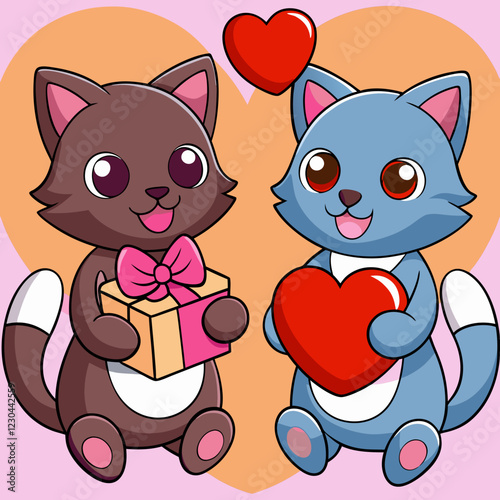 Cute cartoon animals, kawaii fox and wolf, exchanging gifts, heart floating above, pastel pink background