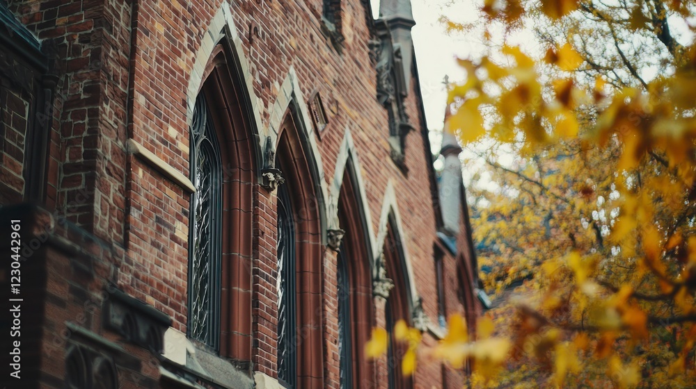 Close-up of a gothic brick building with arched windows and fall leaves in the foreground