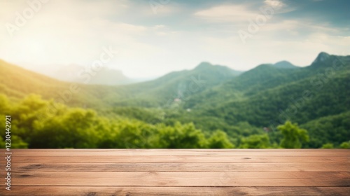 Blurred Mountain Landscape with Wooden Floor. Abstract Nature Green Background for Summer Spaces