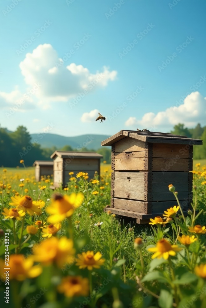Rustic wooden hives in a field of wildflowers, pollination, hive Rustic wooden hives in a field of wildflowers, pollination, hive