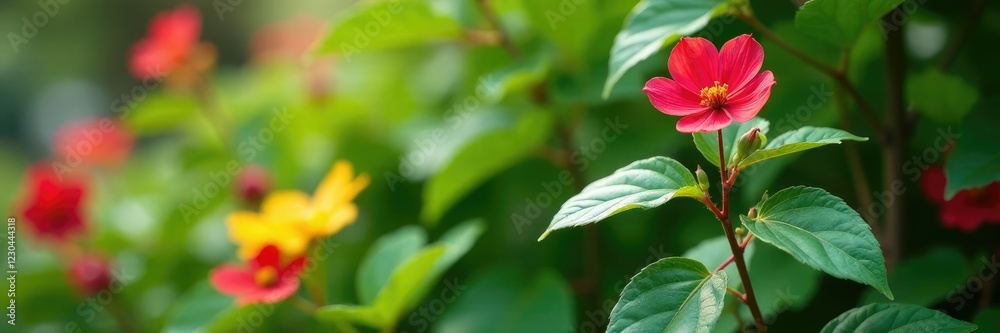 Sida cordifolia plant in a garden with other flowers, floral arrangements, arrangement ideas