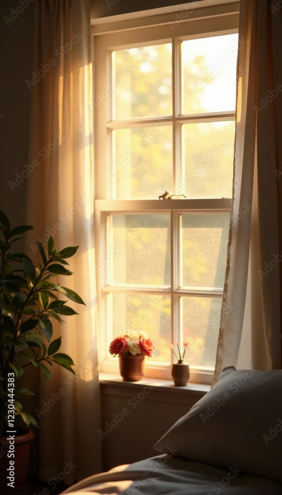 Fototapeta premium Soothing morning light filtered through a windowpane, soft focus, peaceful ambiance